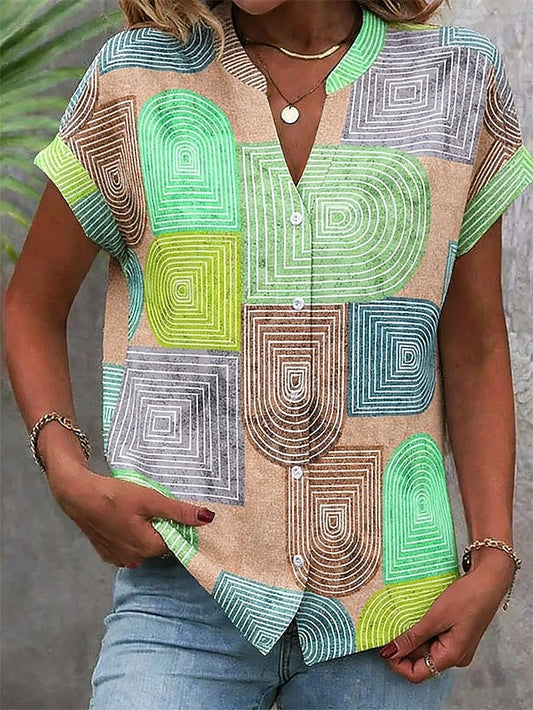 Women's Blouse Buttons Print Graphic Geometric Vintage
