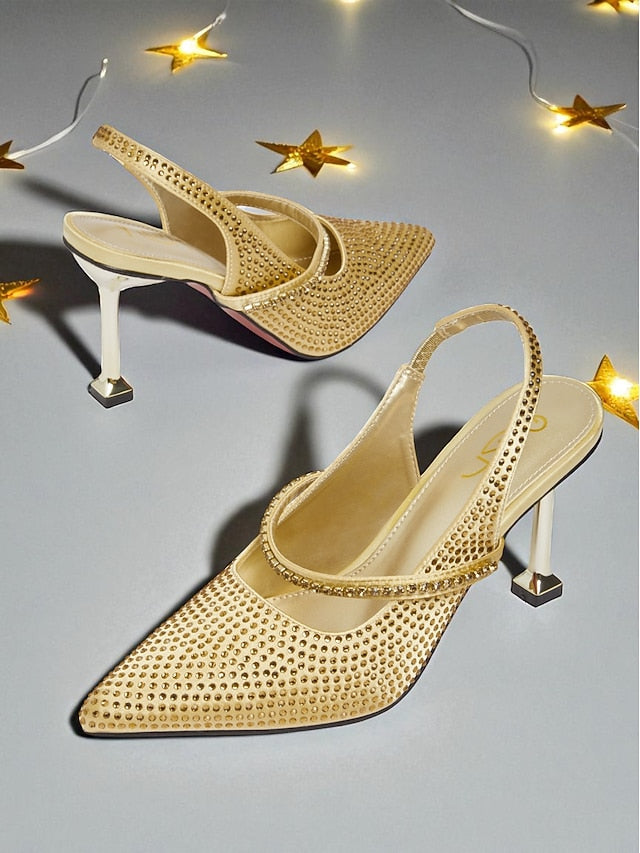 - Sparkly Pointed Toe Women's Rhinestone Heels Gold