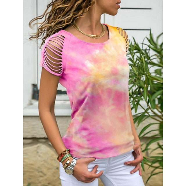 Women's T Shirt Tee Top Print Hole Tie Dye Fashion Stylish
