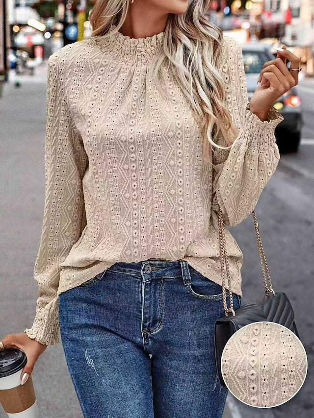 Women's Popover Shirt Casual Shirt Blouse Eyelet Solid