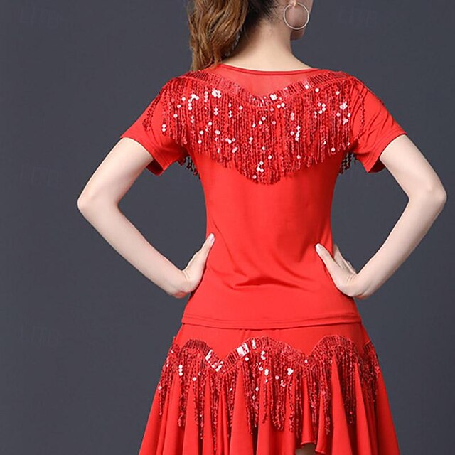 Latin Dance Ballroom Dance Top Tassel Pure Color Splicing
