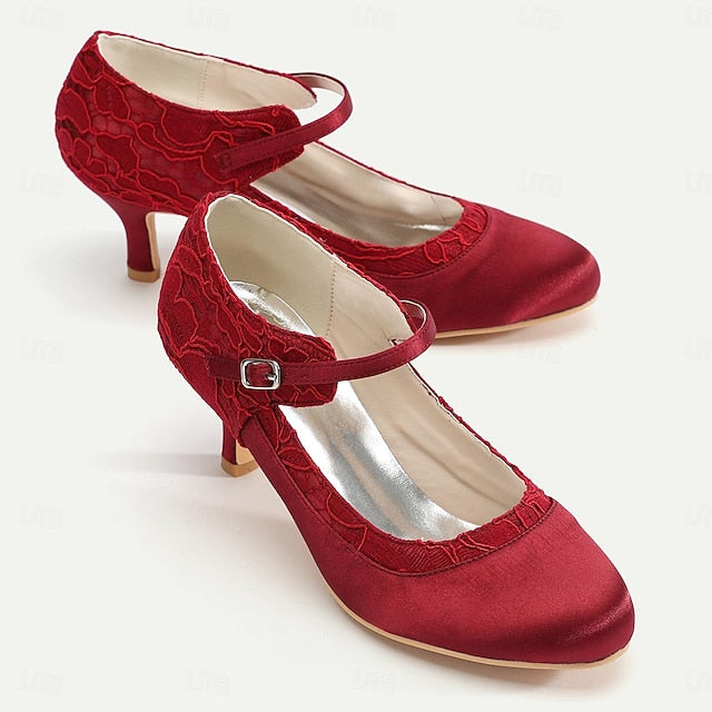 Lace Women's Heels Satin Red Comfortable - Mid-Heel Elegant