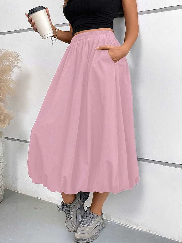 Women's Fashion Casual Midi Mid Rise Skirts Plain Ruched