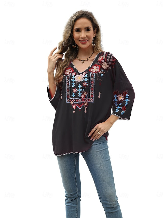 Women's Boho Shirt Embroidered Solid Color Floral Bohemia