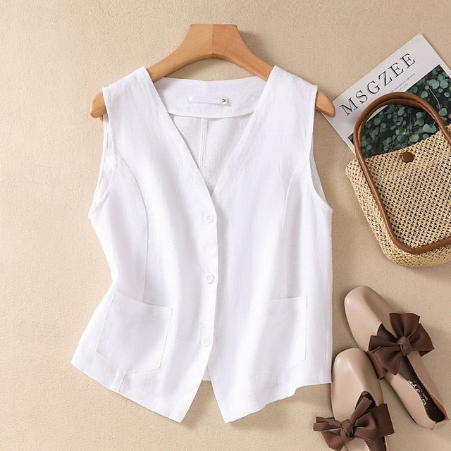 Women's Faux Cotton Linen Plain Modern Casual Sleeveless V