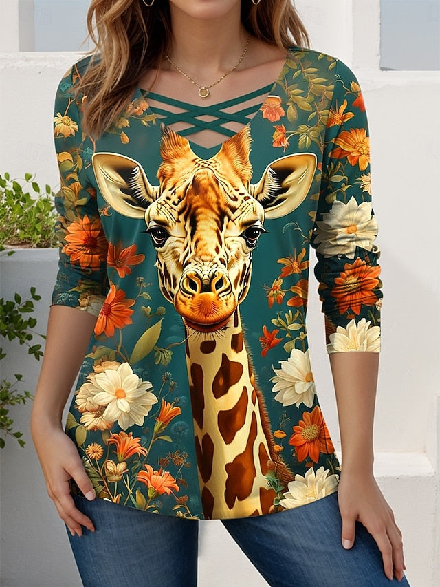 Women's T shirt Long Sleeve Graphic Animal Giraffe Vintage