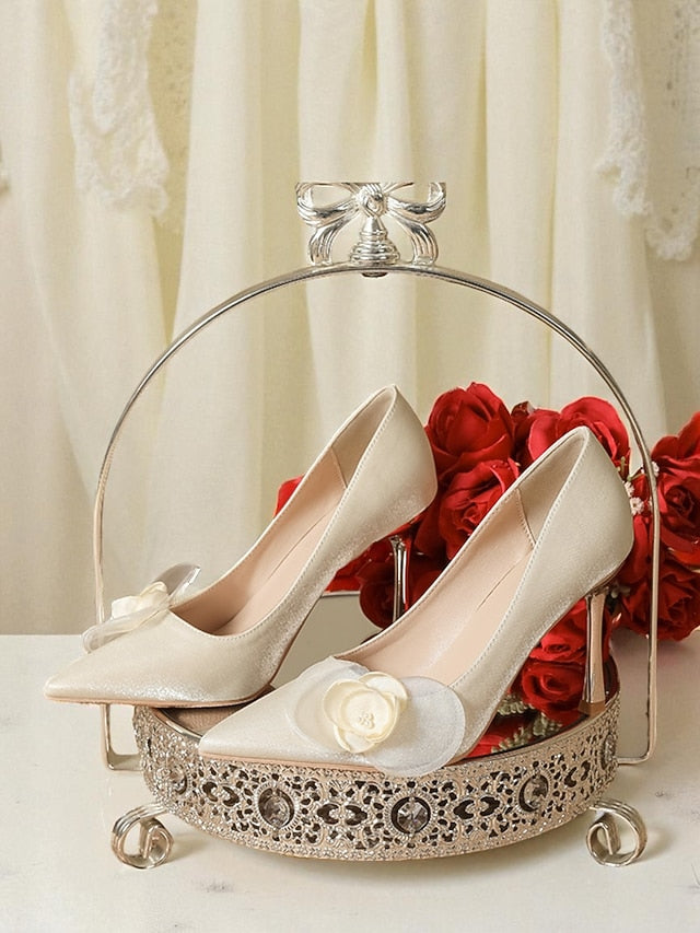 Floral Pointed Heels Wedding Satin Elegant - Women's Ivory