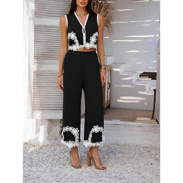 Women's Shirt Pants Sets Sleeveless V Neck Solid Color Lace