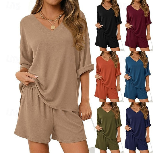 Women's Shorts Sets 3/4 Length Sleeve V Neck Solid Color