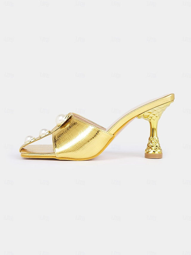 Gold Mules Pearl Elegant – Women Detailing for with Open-Toe