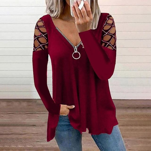 Women's Burgundy Tee Blouse Cut Out Flowing tunic Quarter