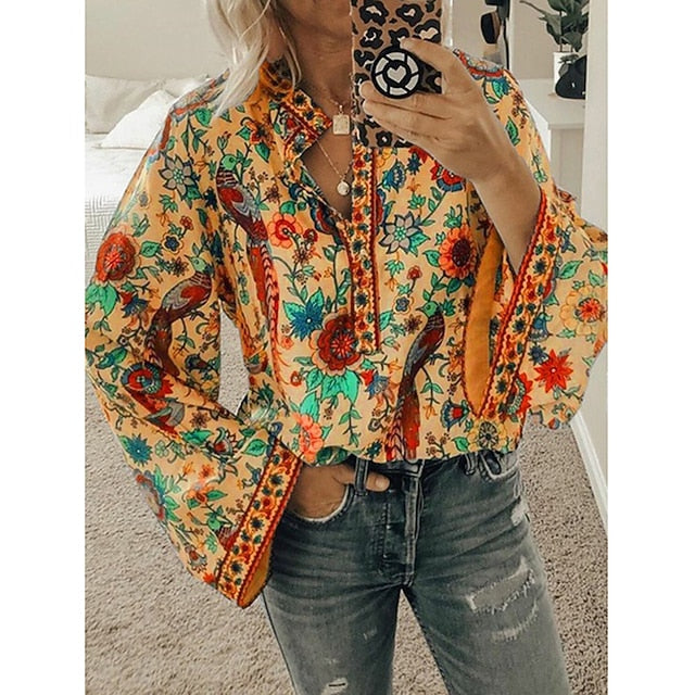 Women's Shirt Blouse Yellow Pink Dusty Rose Graphic Floral