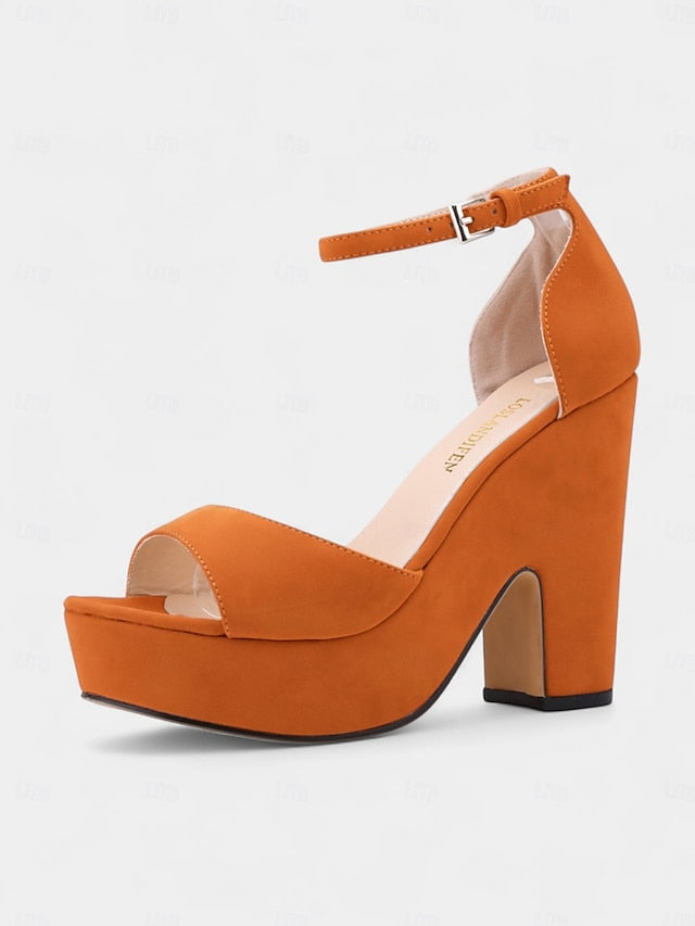 Suede Nude Chunky Block Sandals Heel Platform - Women's