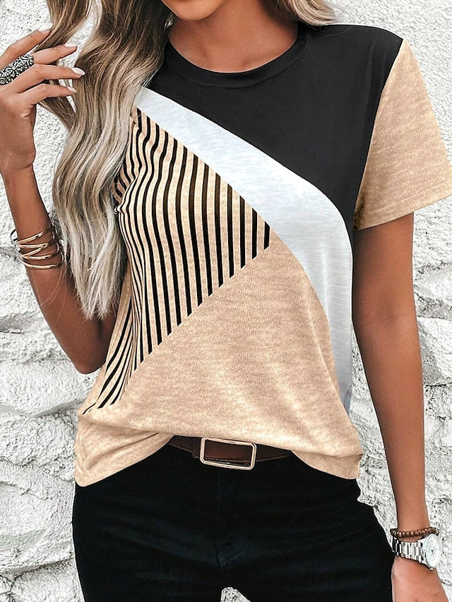 Women's T Shirt Casual Color Block Print Short Sleeve