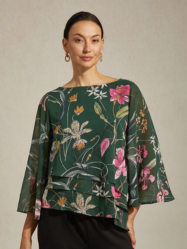 Women's Blouse Sheer Chiffon Green Floral Print Half Sleeve