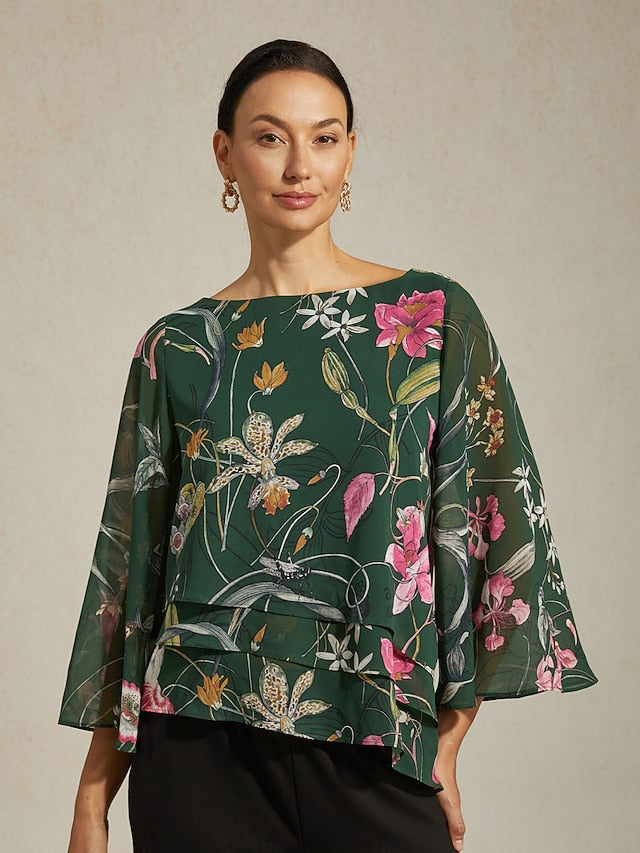 Women's Blouse Sheer Chiffon Green Floral Print Half Sleeve