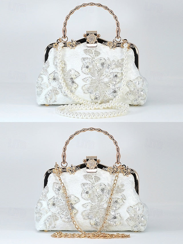 Elegant Pearl with and Evening Lace Handbag Floral White