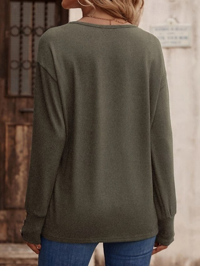 Women's T Shirt Tee Top Buttons Solid Color Fashion Stylish