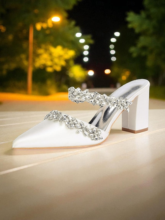 Block Heel Floral with Women's Black Mules Satin Rhinestone