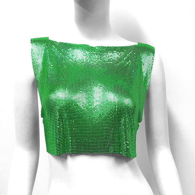 Metallic Sparkle Sexy Crop Tank Top Disco Solid Color Fancy