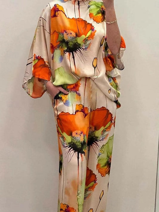 Women's Shirt Blouse Wide Leg Pants Long Sleeve Crew Neck