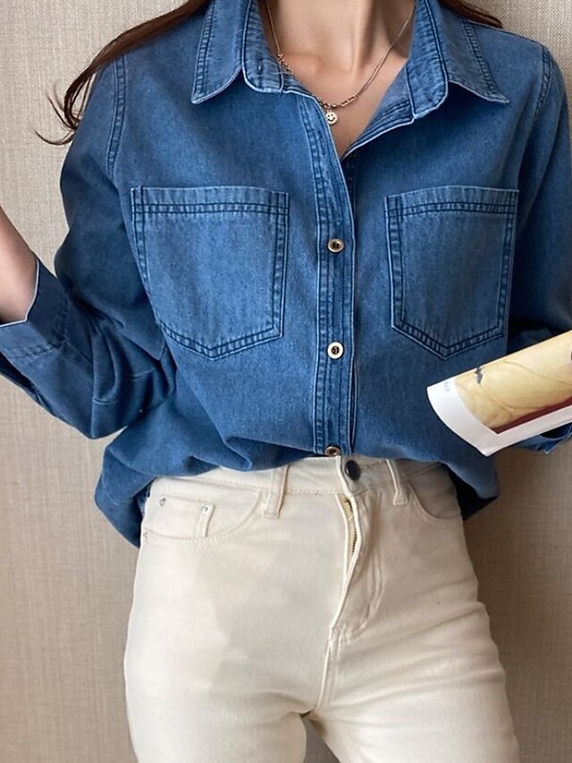 Women's Shirt Blouse Pocket Buttons Plain Casual Long