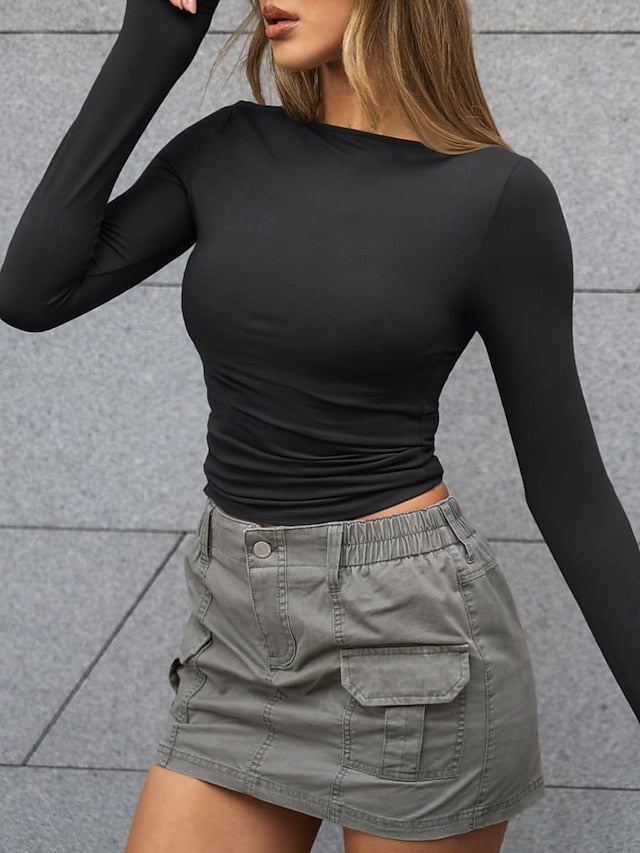 Women's Tight Tops Solid Color Stylish Casual Y2K Long