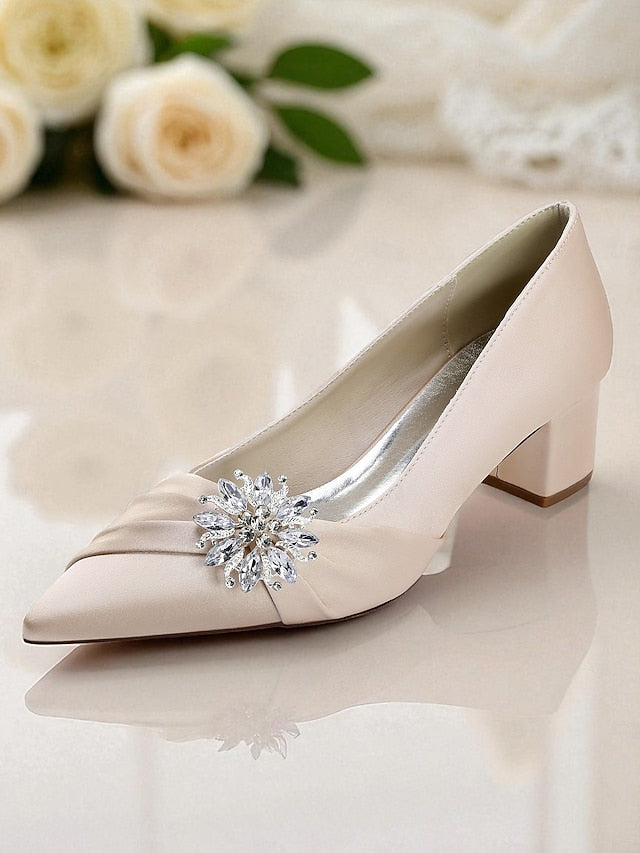 White Block with Women's Pumps Heel Low Crystal