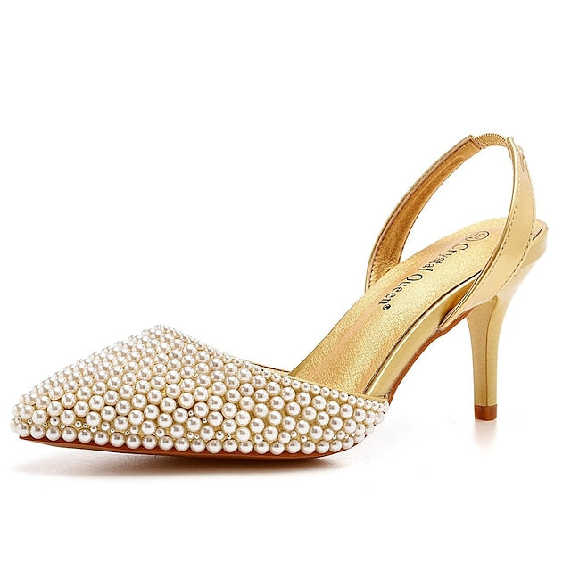 Heels Women's White Pearl Slingback – Embellishments with