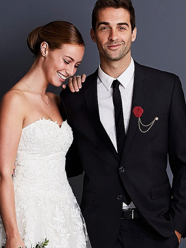 Men's Lapel Pin Rose with Chain Gold Elegant – Red