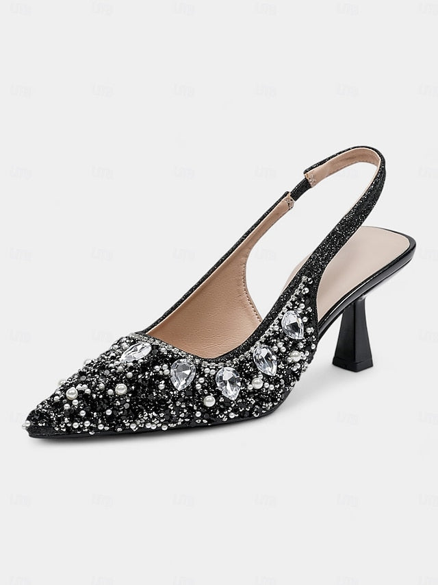 with Slingback Pearl Heels Rhinestone Women's Gold