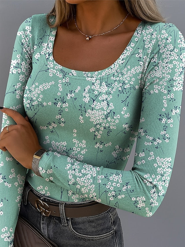 Women's T shirt Long Sleeve Ribbed Graphic Square Neck Long