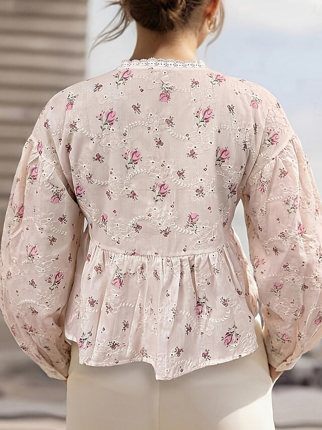 Women's Blouse Lace Tops Long Sleeve Tops Lace Trim Floral