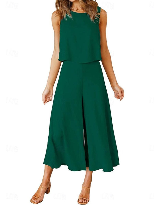 Women's Tank Top Wide Leg Pants Sleeveless Crew Neck Plain
