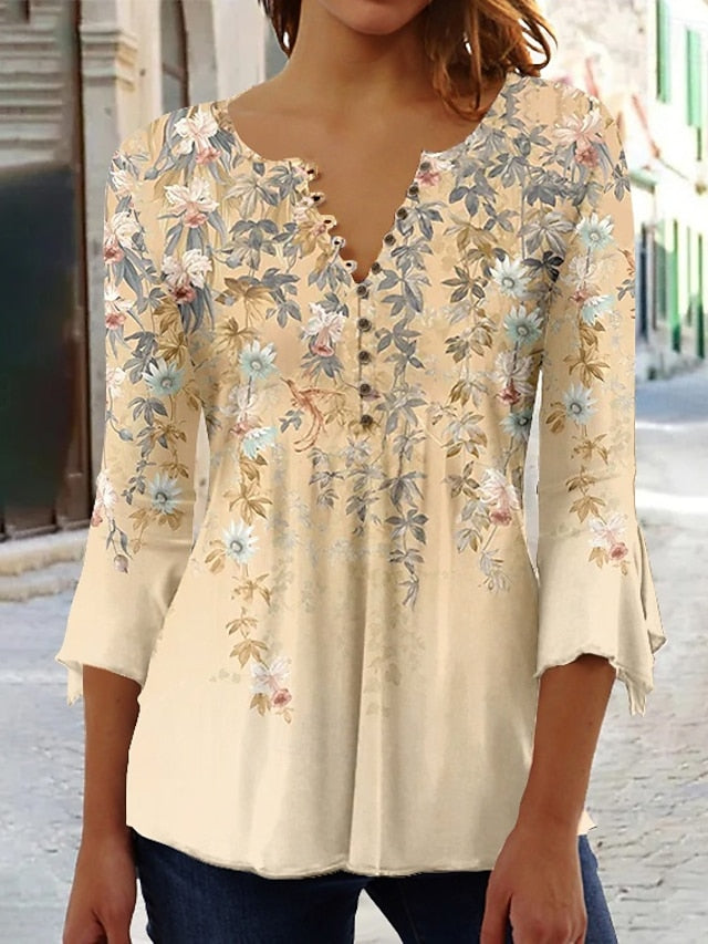 Women's T Shirt Basic Floral Buttons Print 3/4 Length