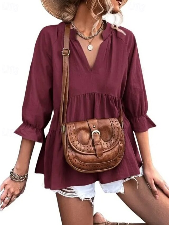 Women's Shirt Blouse Ruched Plain Casual Long Sleeve V Neck