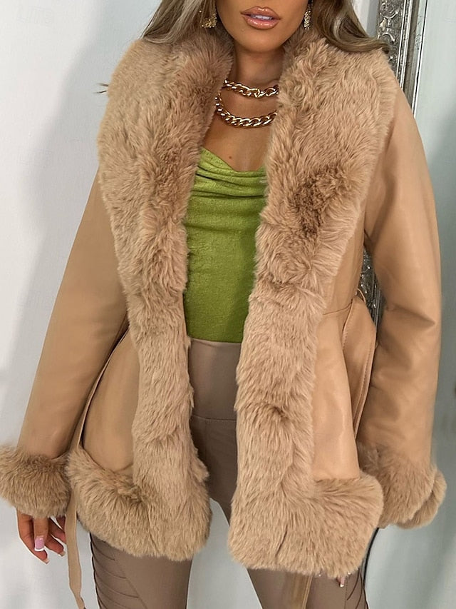 Collar Leather Women's Warm Faux Fur Jacket Breathable