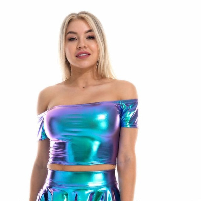 Metallic 1980s Shiny Latex Patent Crop Top PU Leather Off