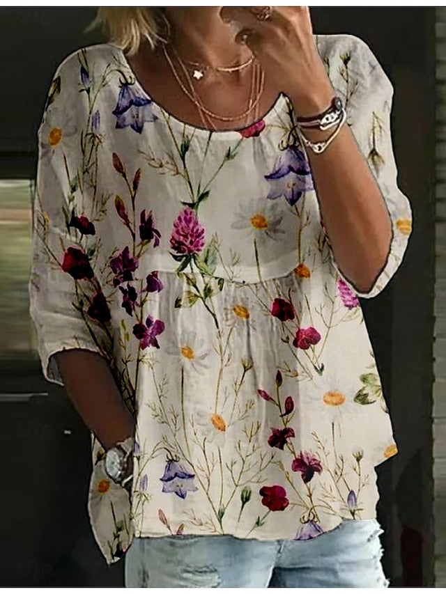 Women's Blouse Print Floral Stylish 3/4 Length Sleeve Crew
