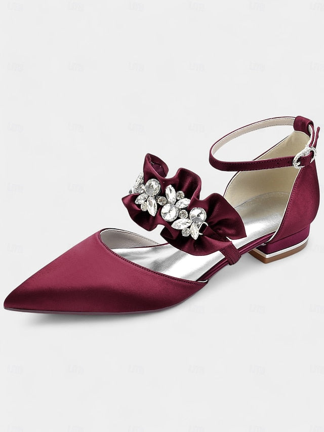 with Satin Pointed-Toe Flats Black Rhinestone Women's