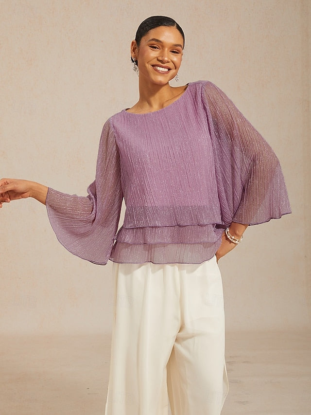 Women's Blouse Chiffon Tops Pleated Layered Metallic