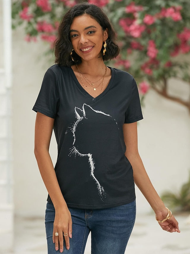 Women's T shirt Tee Black Graphic Cat Print Short Sleeve