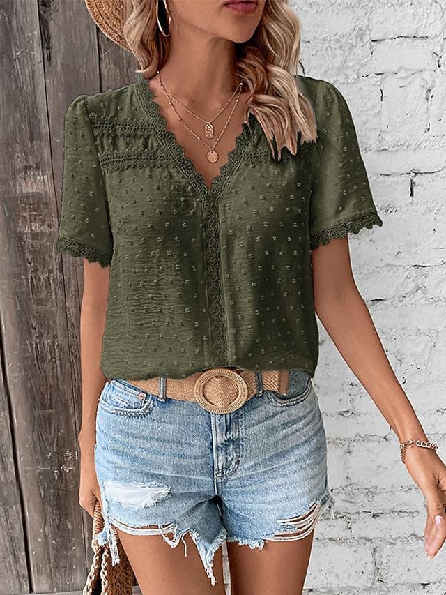Women's Shirt Blouse Casual Lace Short Sleeve Regular Tops