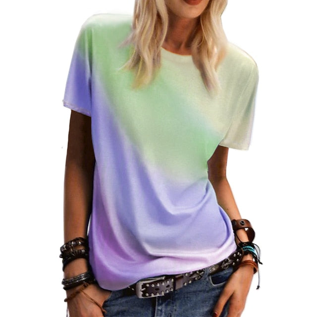Women's clothing rainbow gradient printing casual top round
