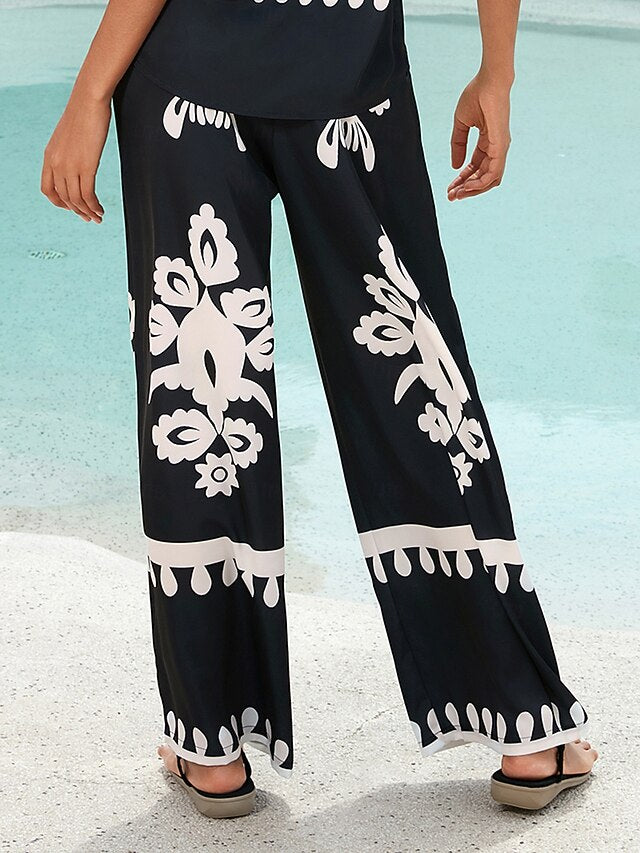 Women's Pants Black Floral Print Straight Leg Satin