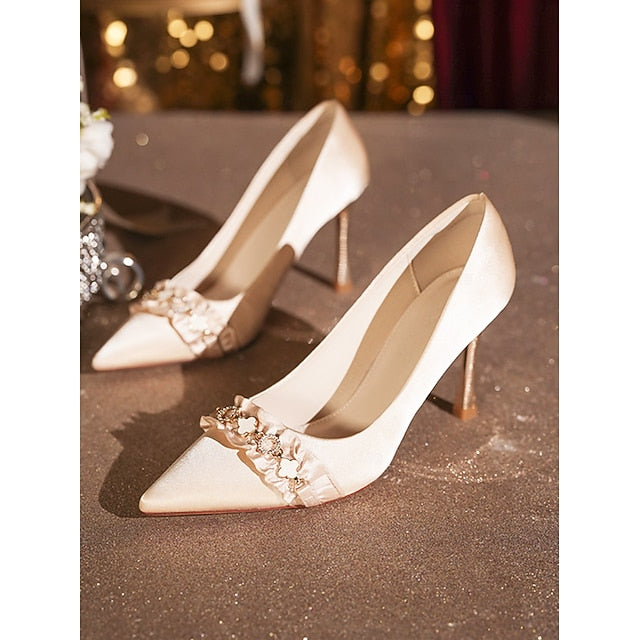 with Heel White Pumps Toe Ruffle High Women's Satin Pointed