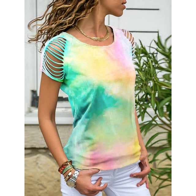 Women's T Shirt Tee Top Print Hole Tie Dye Fashion Stylish