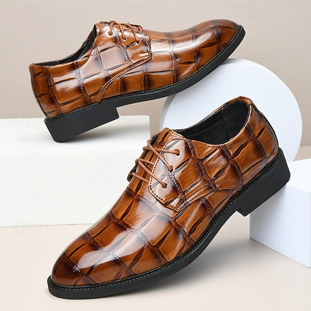 Crocodile-Pattern Brown Leather Shoes Men's