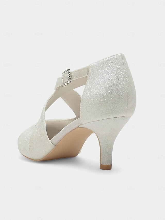 Cross Glitter Kitten with Rhinestone Heels Strap Buckle White