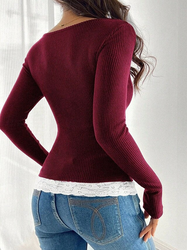 Women's T-Shirt  Solid Color Stylish Casual Long Sleeve